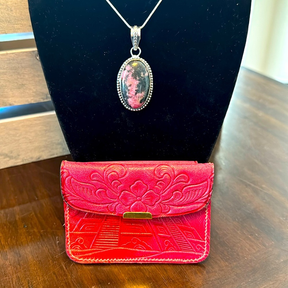 No Brand Tooled Pink Leather Wallet with .925 Silver Rhodonite Necklace  3pc EUC